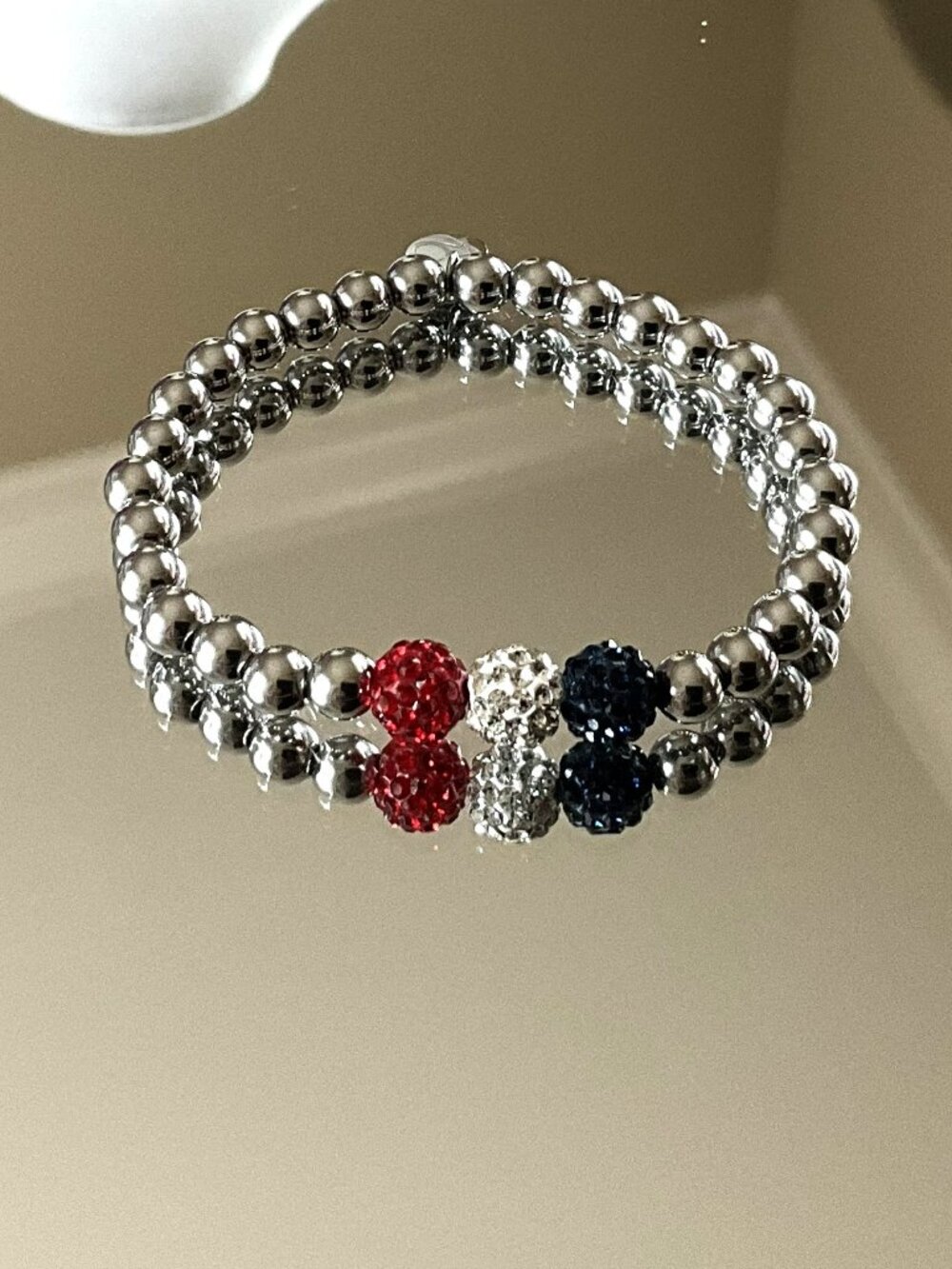 Rustic Cuff Stainless Beaded and Red White Blue Shambala Bracelet